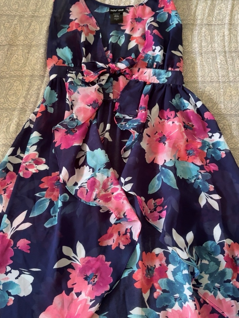 Navy Floral Tie-Waist Cover Up with Pink & Teal Blooms